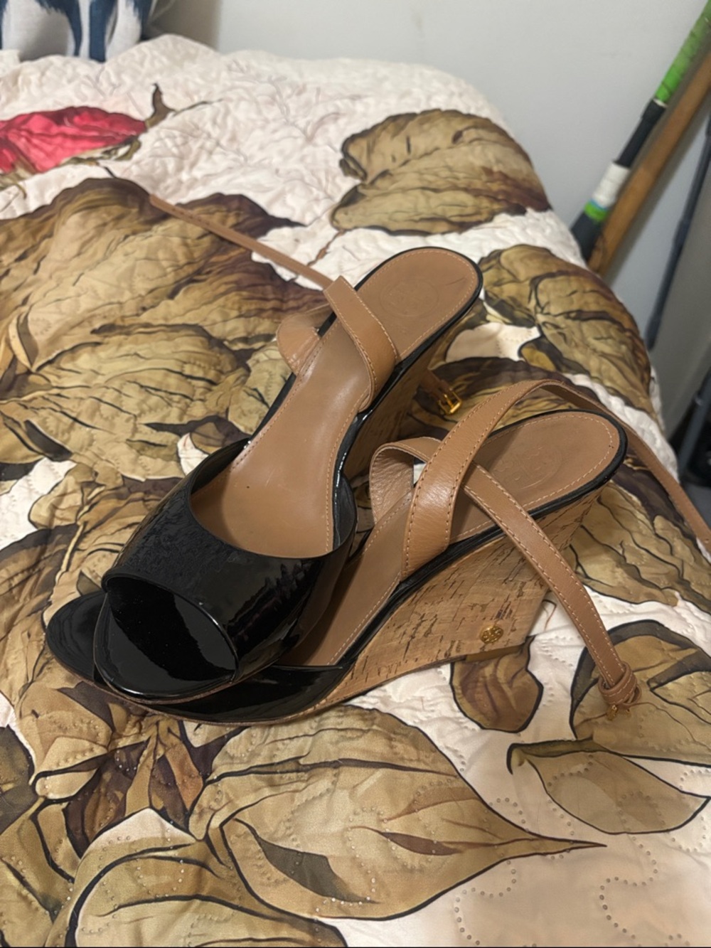 Tory Burch Black Patent and Tan Leather Wedge Sandals